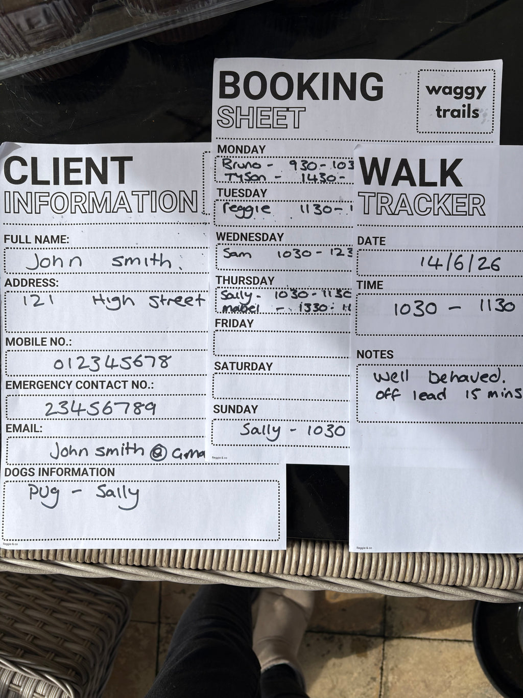 Dog walking schedule sheet with client information and walk tracker on a wooden surface.