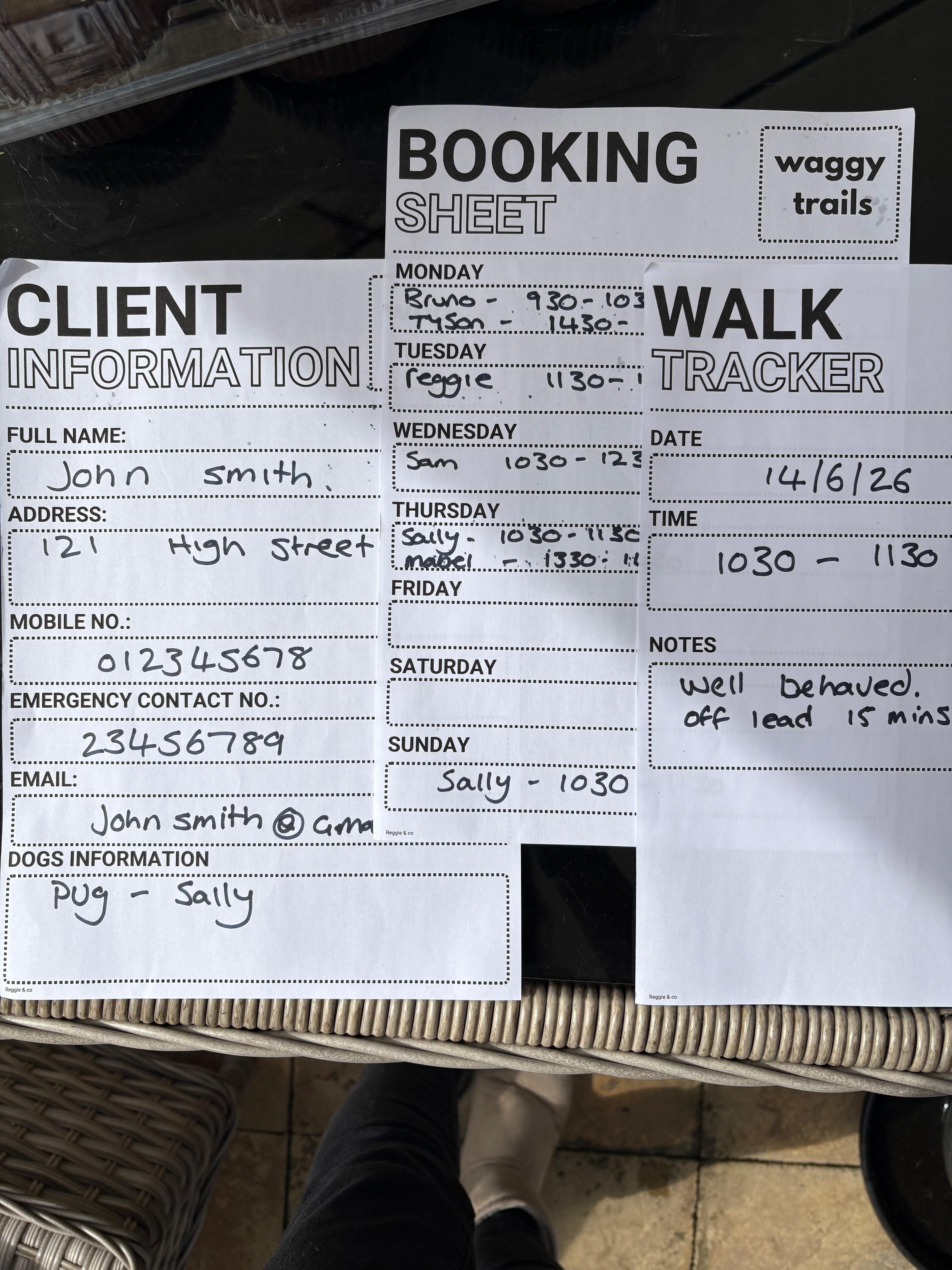 Dog walking schedule sheet with client information and walk tracker on a wooden surface.