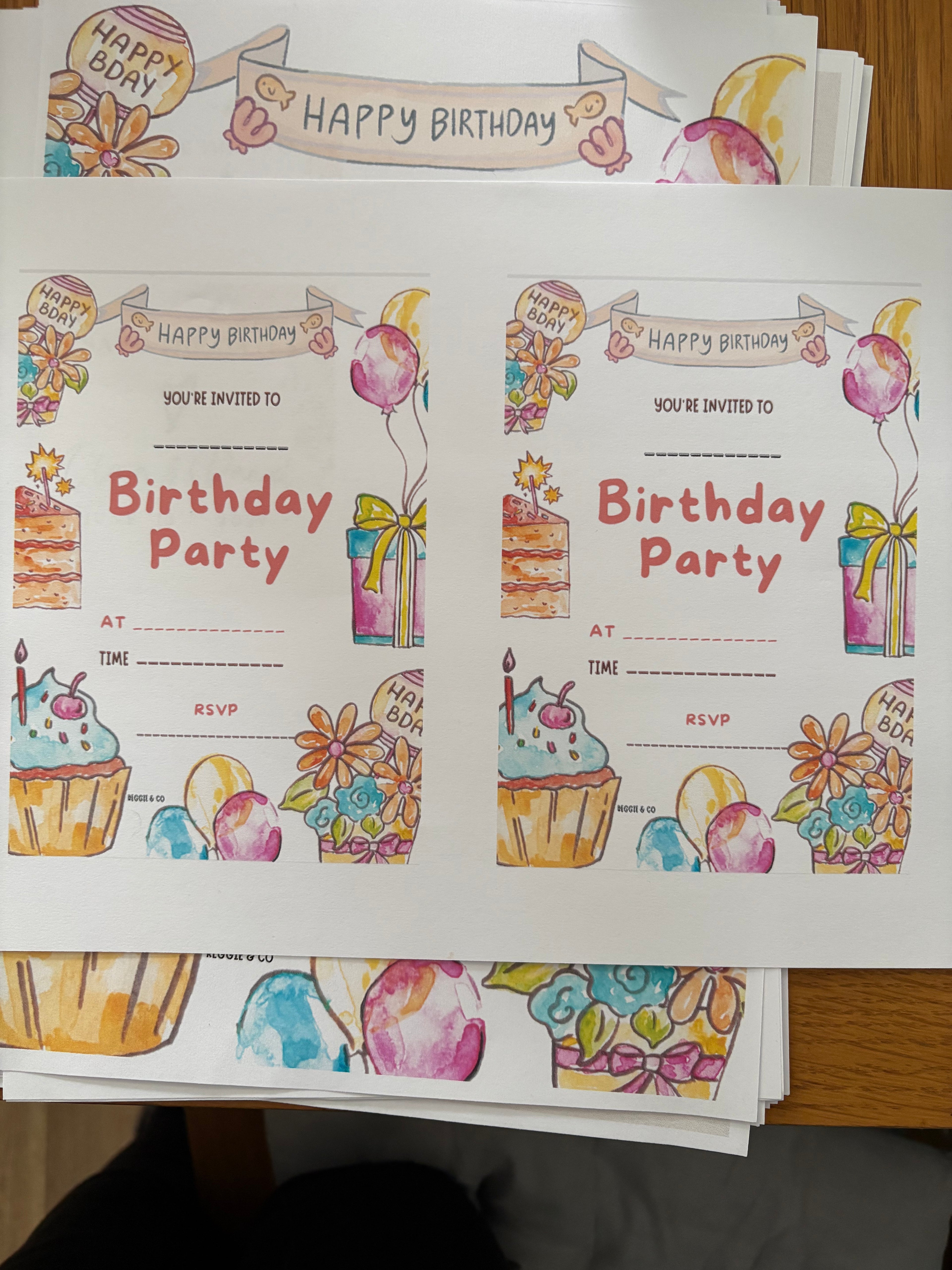 Colorful birthday party invitations with cupcakes, balloons, and flowers on a white background.