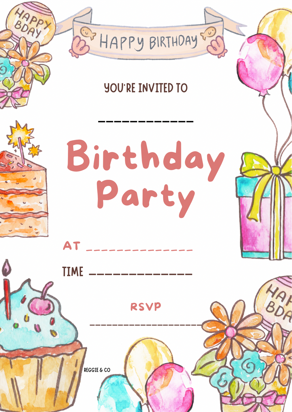 Birthday party invitation with colorful graphics of cake, balloons, and gift box.