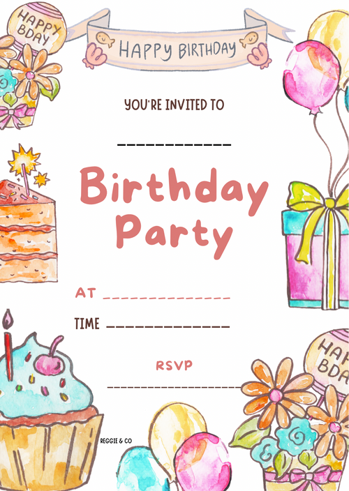 Birthday party invitation with colorful graphics of cake, balloons, and gift box.