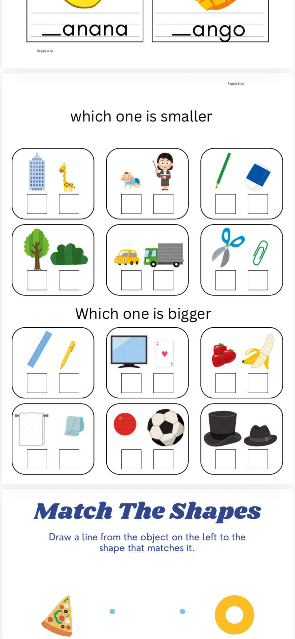 Educational worksheet with shapes to match, size comparison questions, and shape recognition tasks.