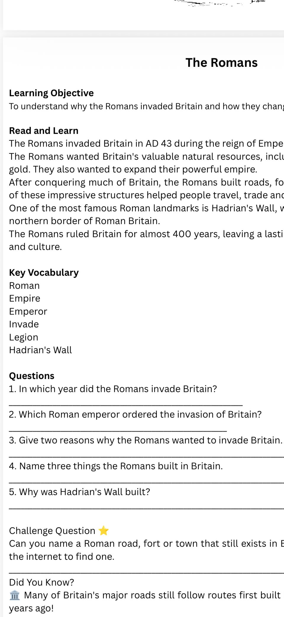 A black-and-white educational worksheet titled 'The Romans' with learning objectives, a read-and-teach section, key vocabulary, and a list of comprehension questions about Roman Britain.