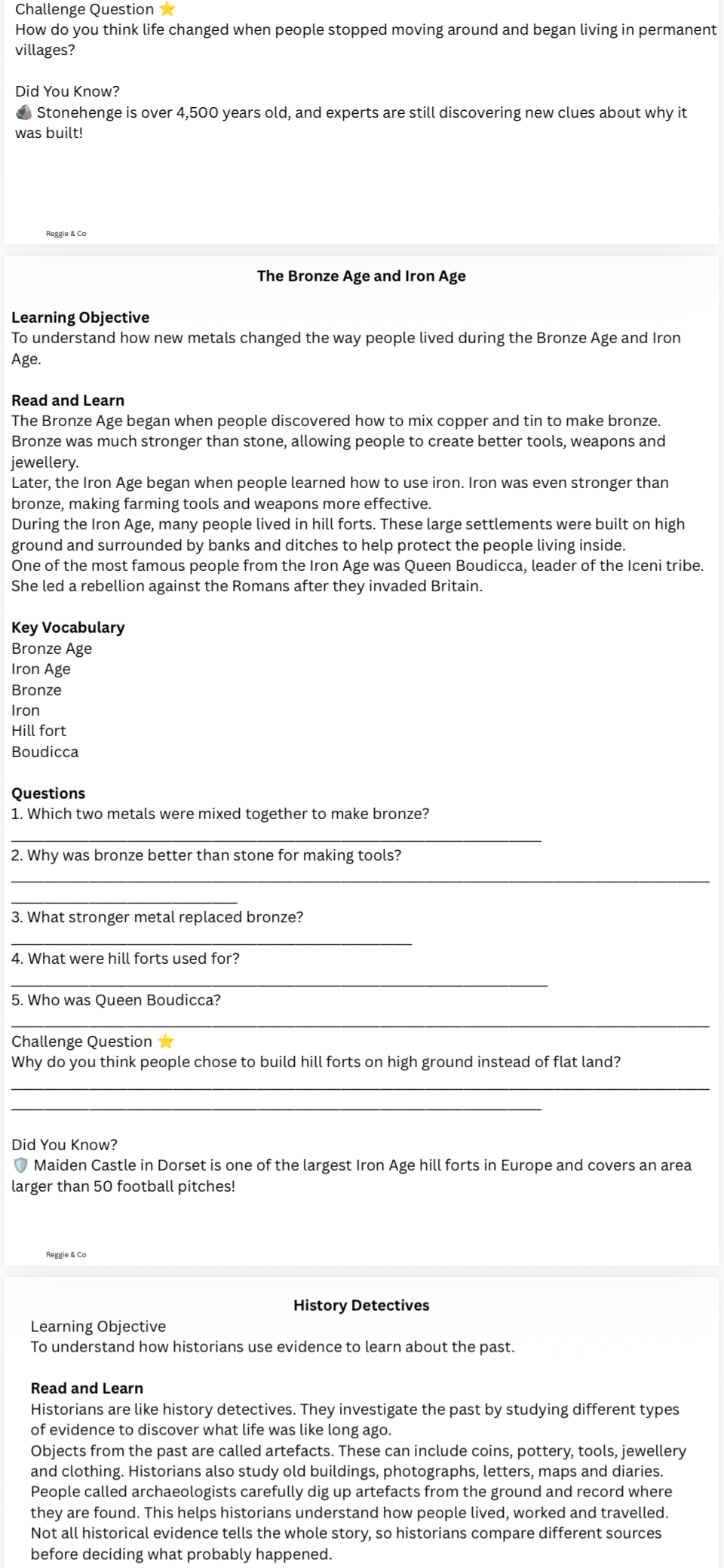 A text-based educational worksheet page with headings such as 'Challenge Question', 'The Bronze Age and Iron Age', 'Learning Objective', 'Read and Learn', 'Key Vocabulary', 'Questions', and 'History Detectives', shown on a white background.