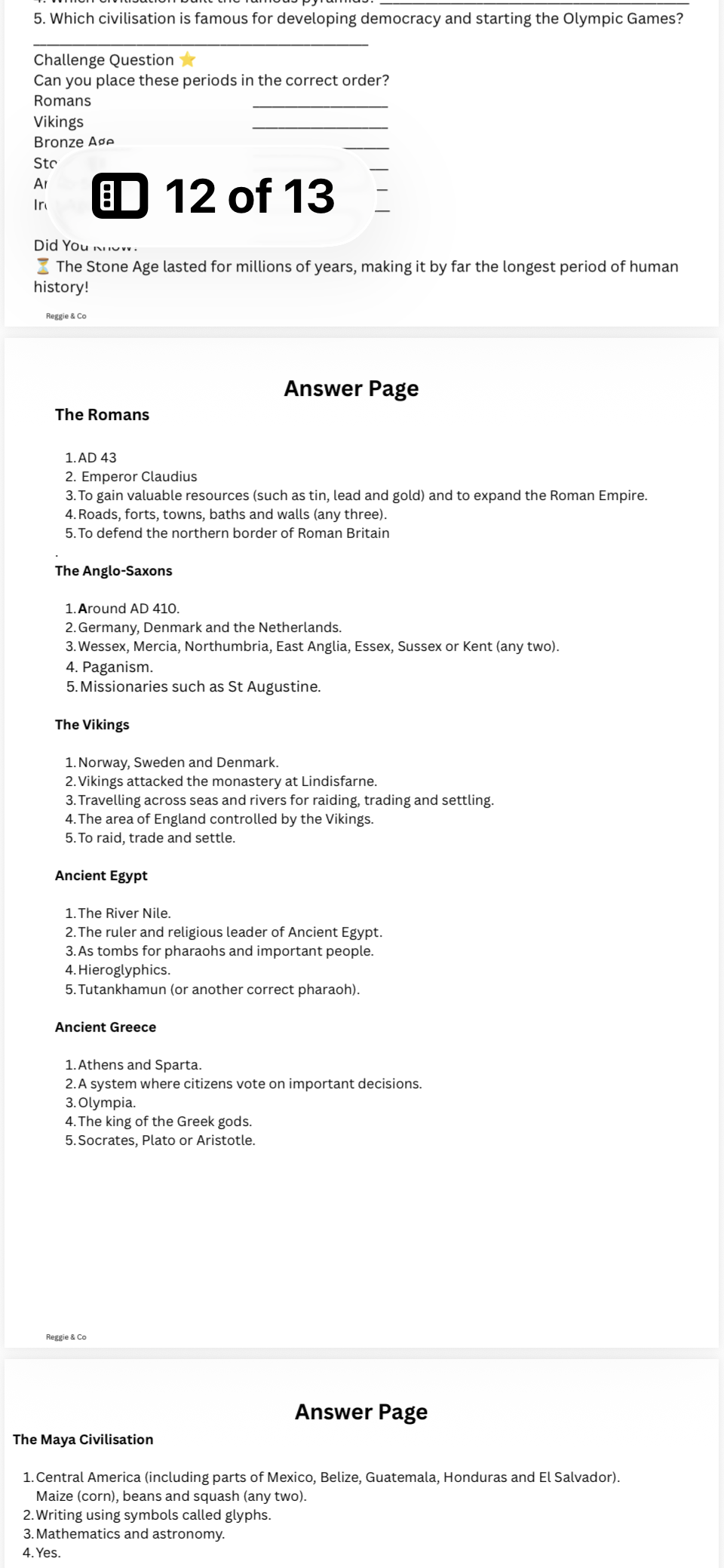 A document page showing a history quiz and answer key with text sections about the Romans, Vikings, the Silk Road, and the Keys to Civilization, plus a small map at the top.