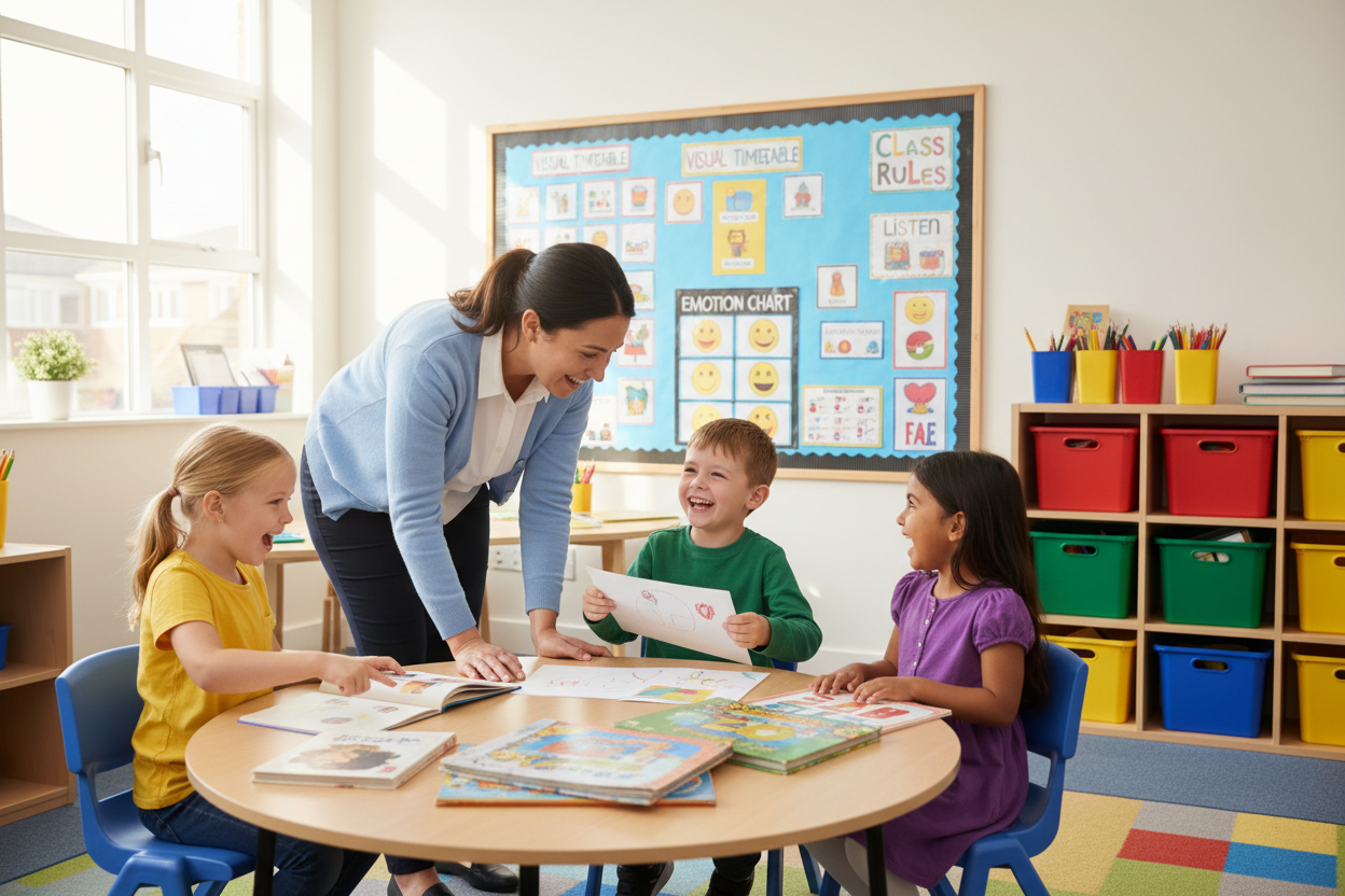 Teacher and children working together at a classroom table with colourful learning displays in the background