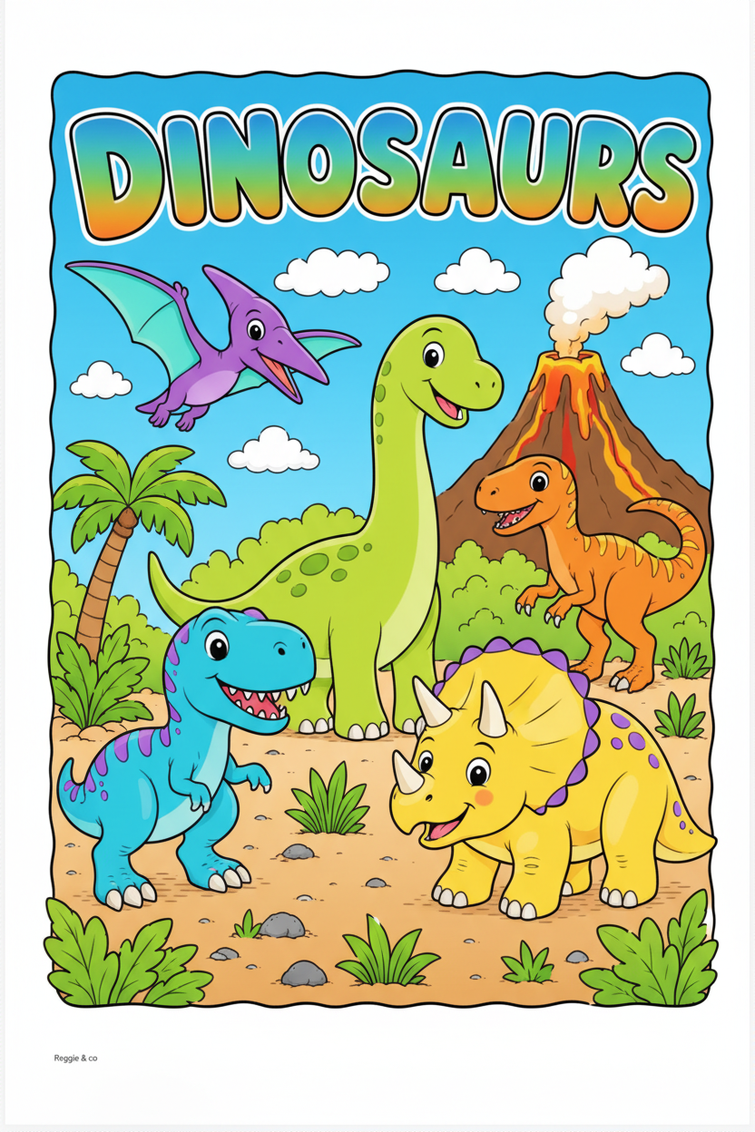 Coloured Dinosaurs Colouring Page