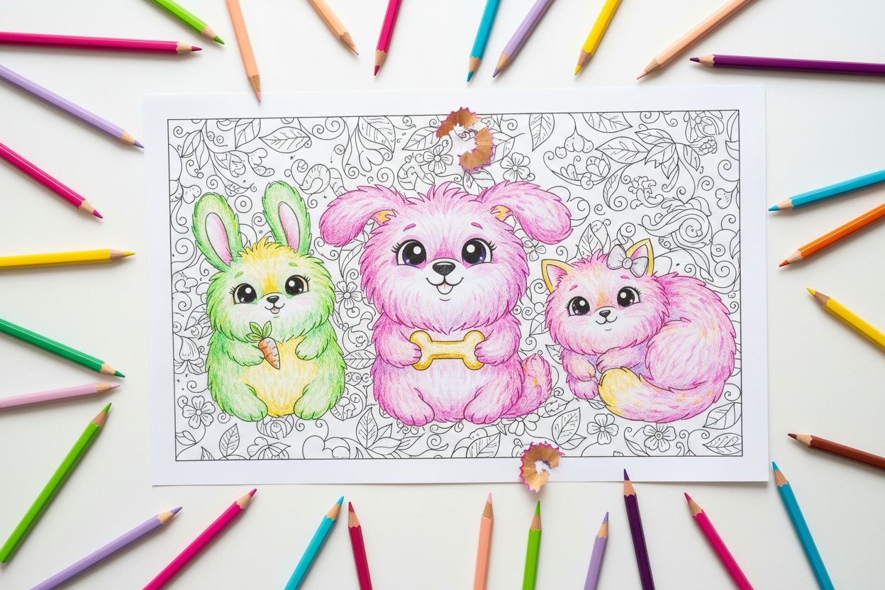 a colouring book scene with 3 fluffy animals coloured in